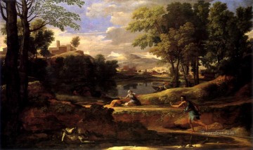  hombre Pintura - Paisaje con hombre asesinado por serpiente pintor clásico Nicolas Poussin